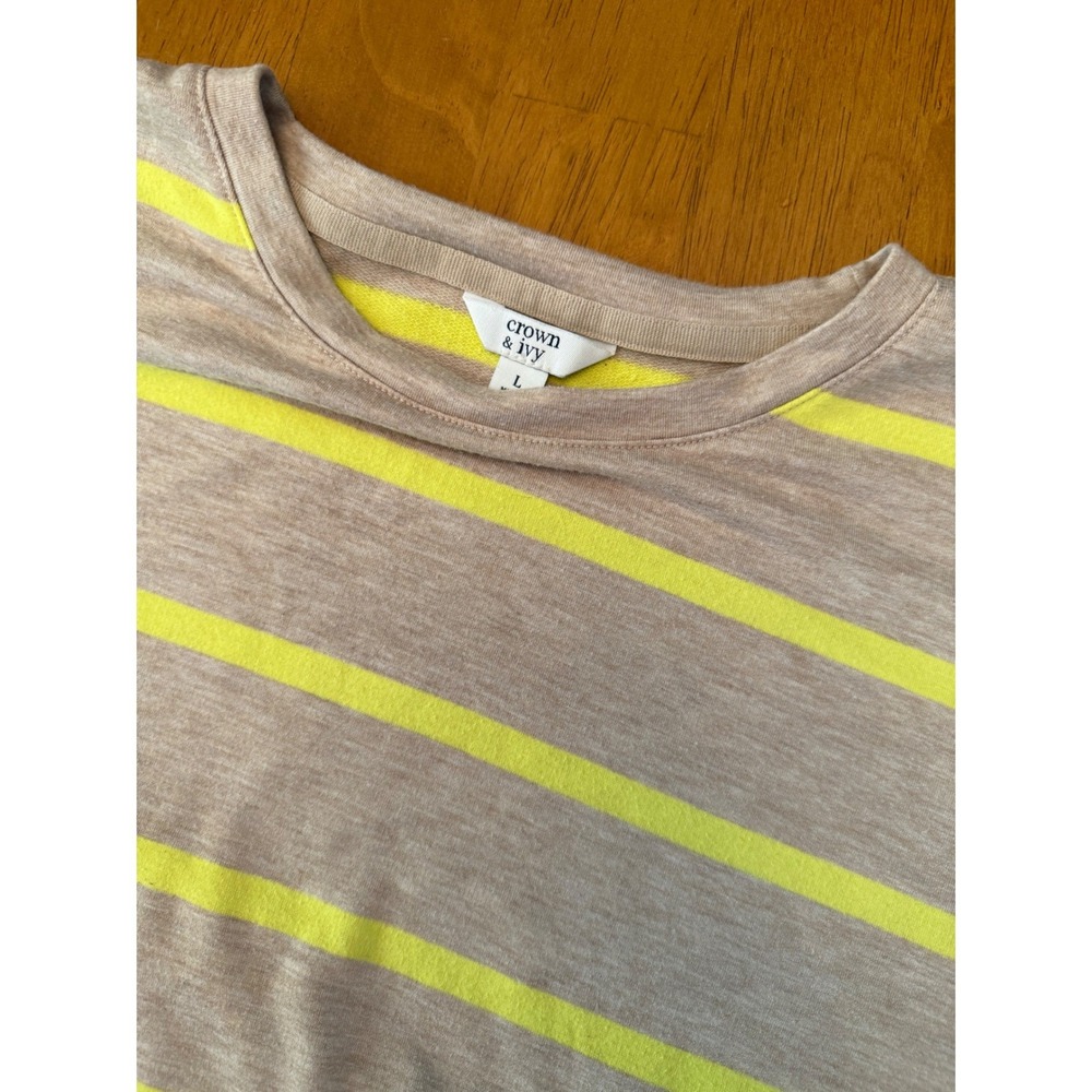 Crown & Ivy Womens Tan Neon Yellow Striped Long Sleeve Top Large Oversized Hem
